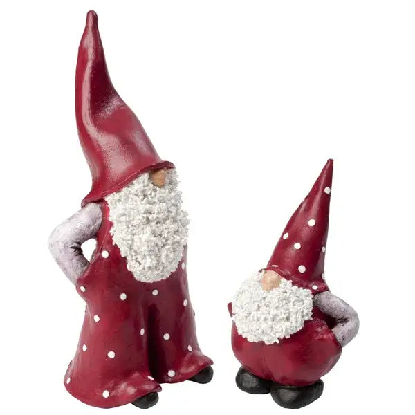 Two red gnome figurines with white beards and white polka-dot pointed hats, shown on a plain white background.