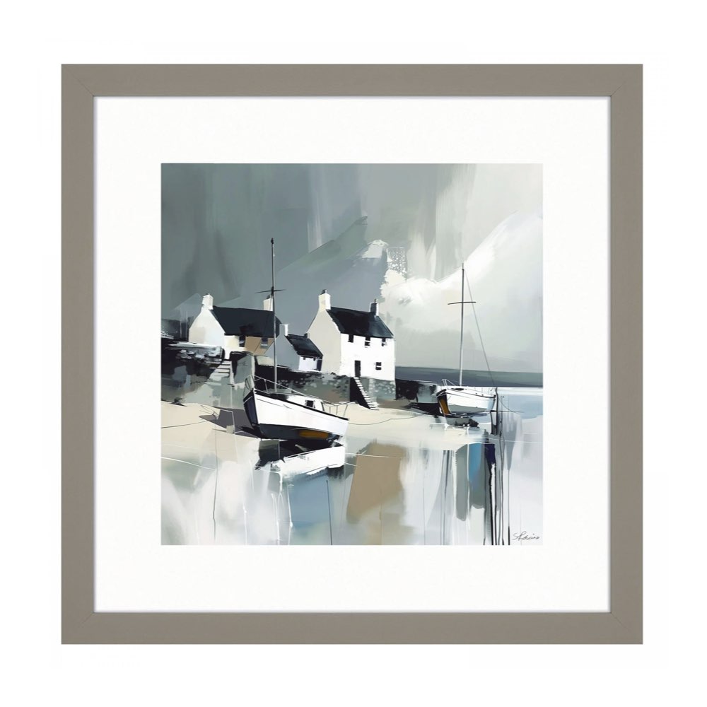 A framed art print depicting a coastal harbor scene with white houses, boats, and a misty gray sky, presented in a light gray frame with a white mat.