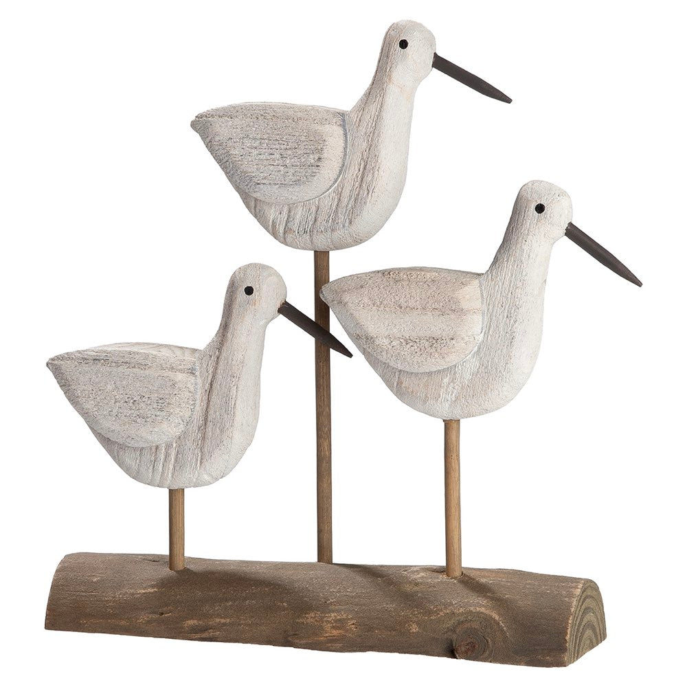 Decorative sculpture of three birds on a wooden base against a white background
