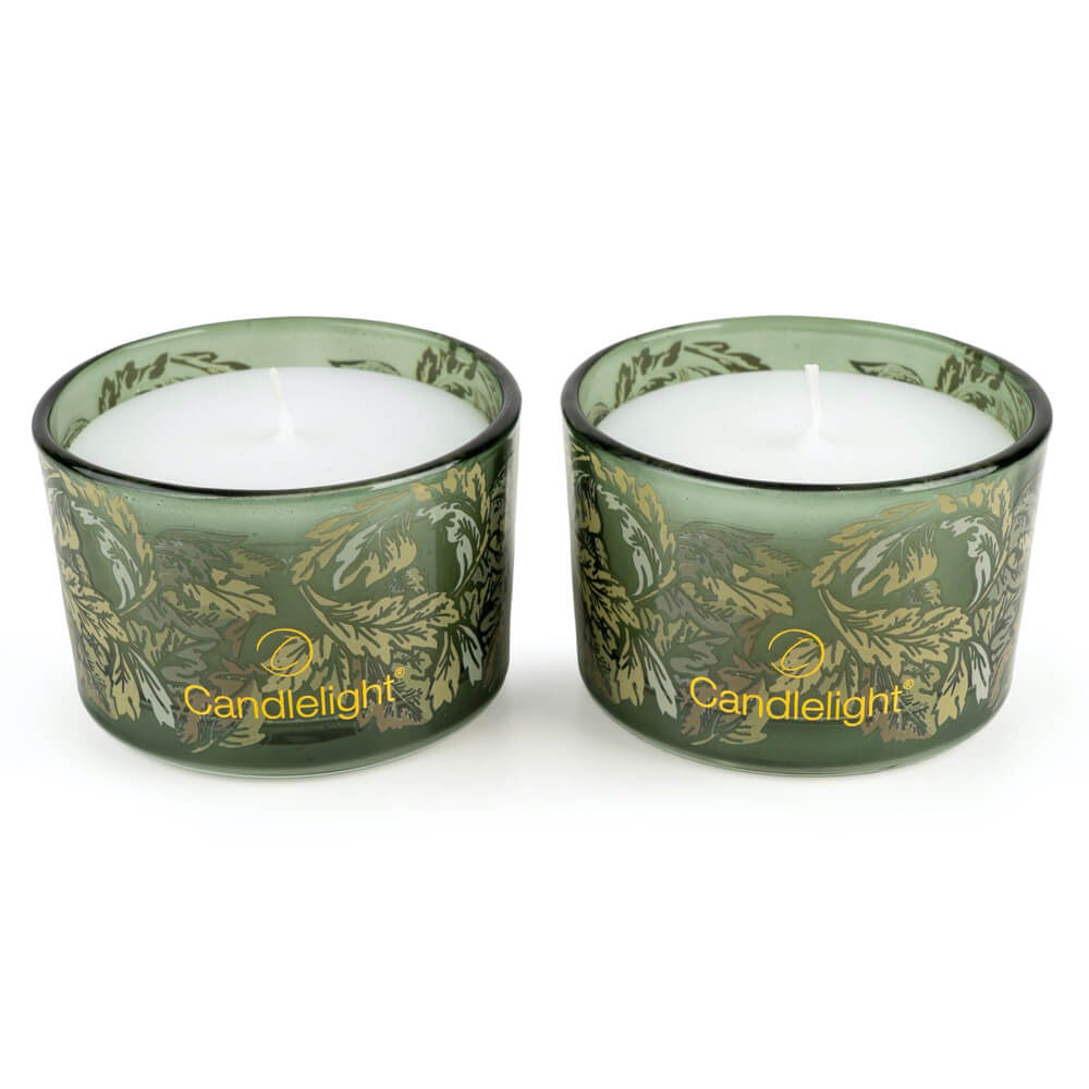 Two green candles with floral designs and 'Candlelight' branding on a white background