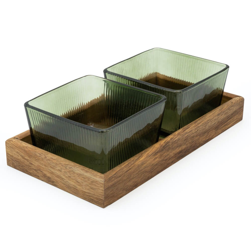Set of 2 Glass Bowls on Acacia Wood