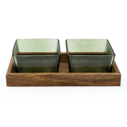 Set of 2 Glass Bowls on Acacia Wood