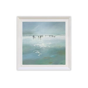 Framed artwork of a landscape with water and sky.