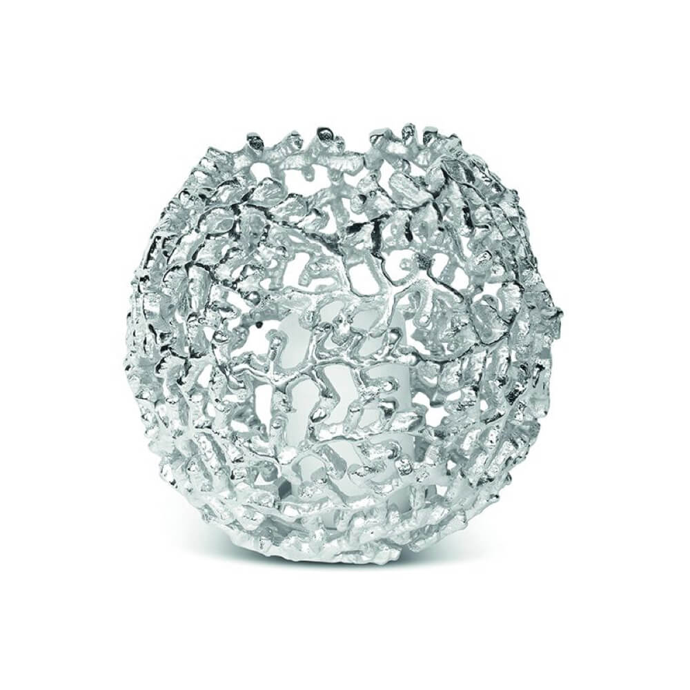 A silver-toned, highly textured spherical decorative sculpture or vase with an intricate, openwork, organic pattern, shown on a clean white background.