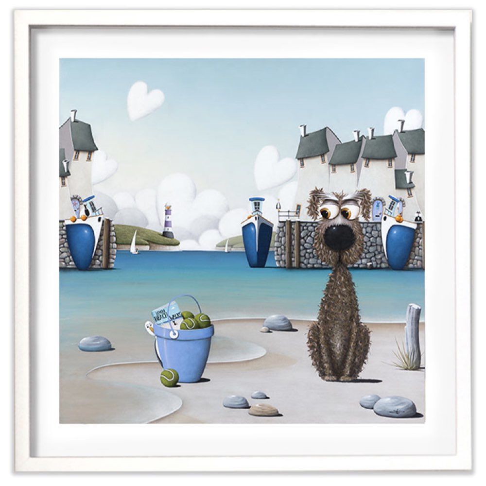 Cartoon dog standing on a beach with houses and boats in the background