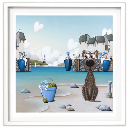 Cartoon dog standing on a beach with houses and boats in the background