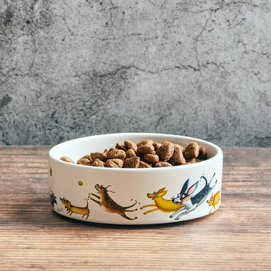Dog bowl with cartoon designs on a wooden table against a gray concrete wall.