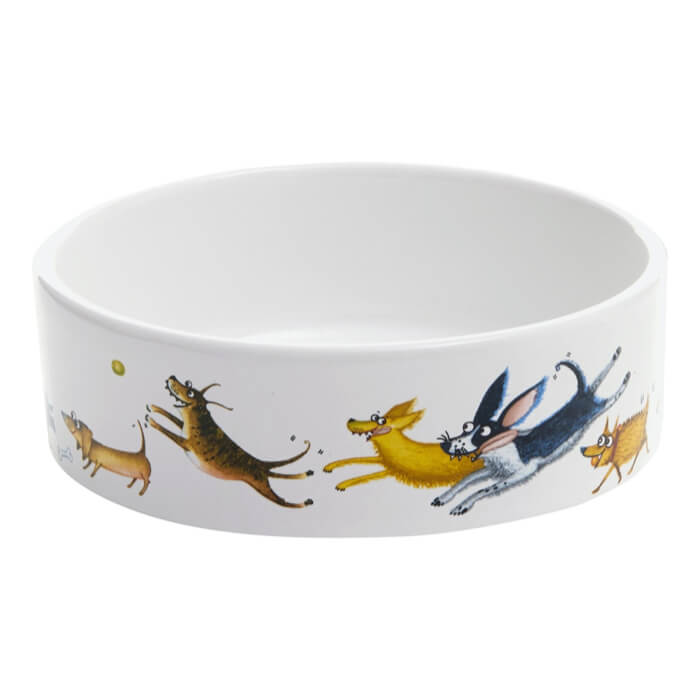 White ceramic bowl with cartoon dog illustrations on a white background