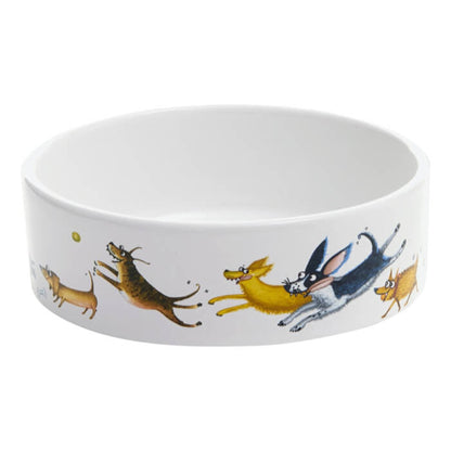 White ceramic bowl with cartoon dog illustrations on a white background