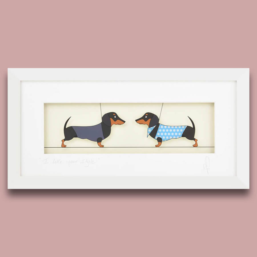 Painted glass wall art with two dogs