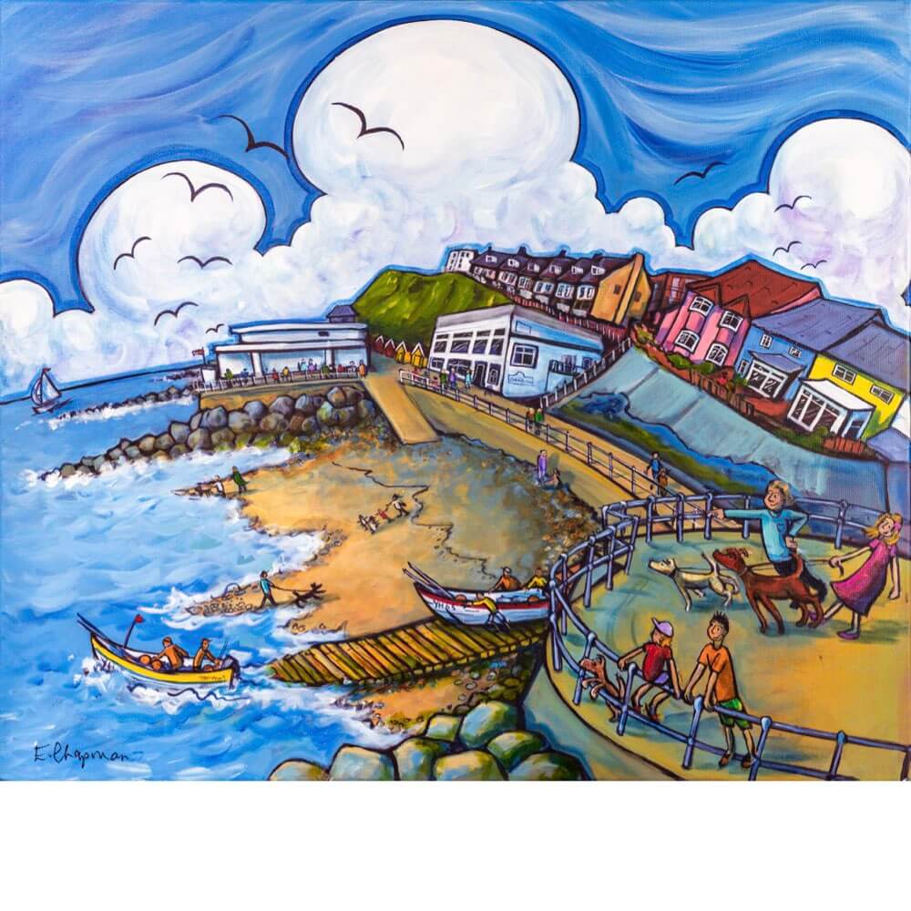 Colorful coastal scene with houses, people, and boats on a blue sky background