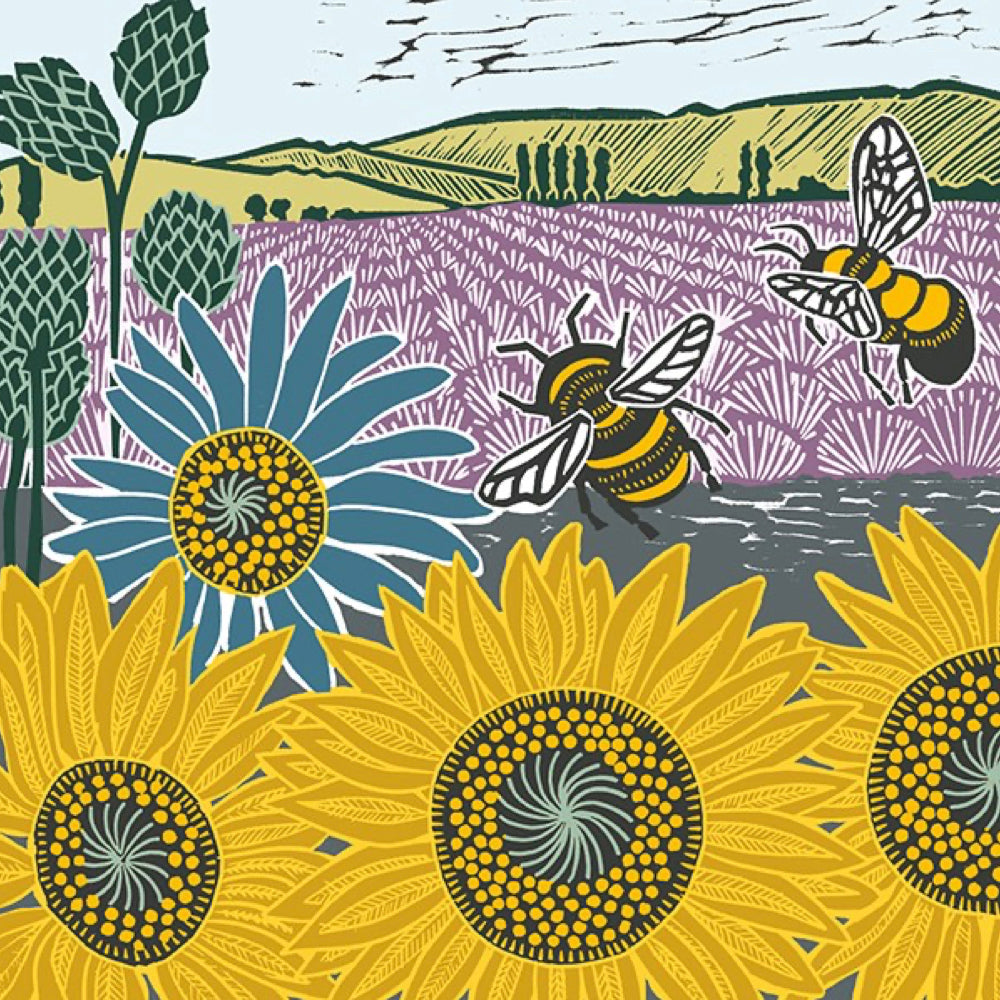 A stylised illustrated landscape with large yellow sunflowers in the foreground, a lavender field, trees, hills, and two bees flying above.
