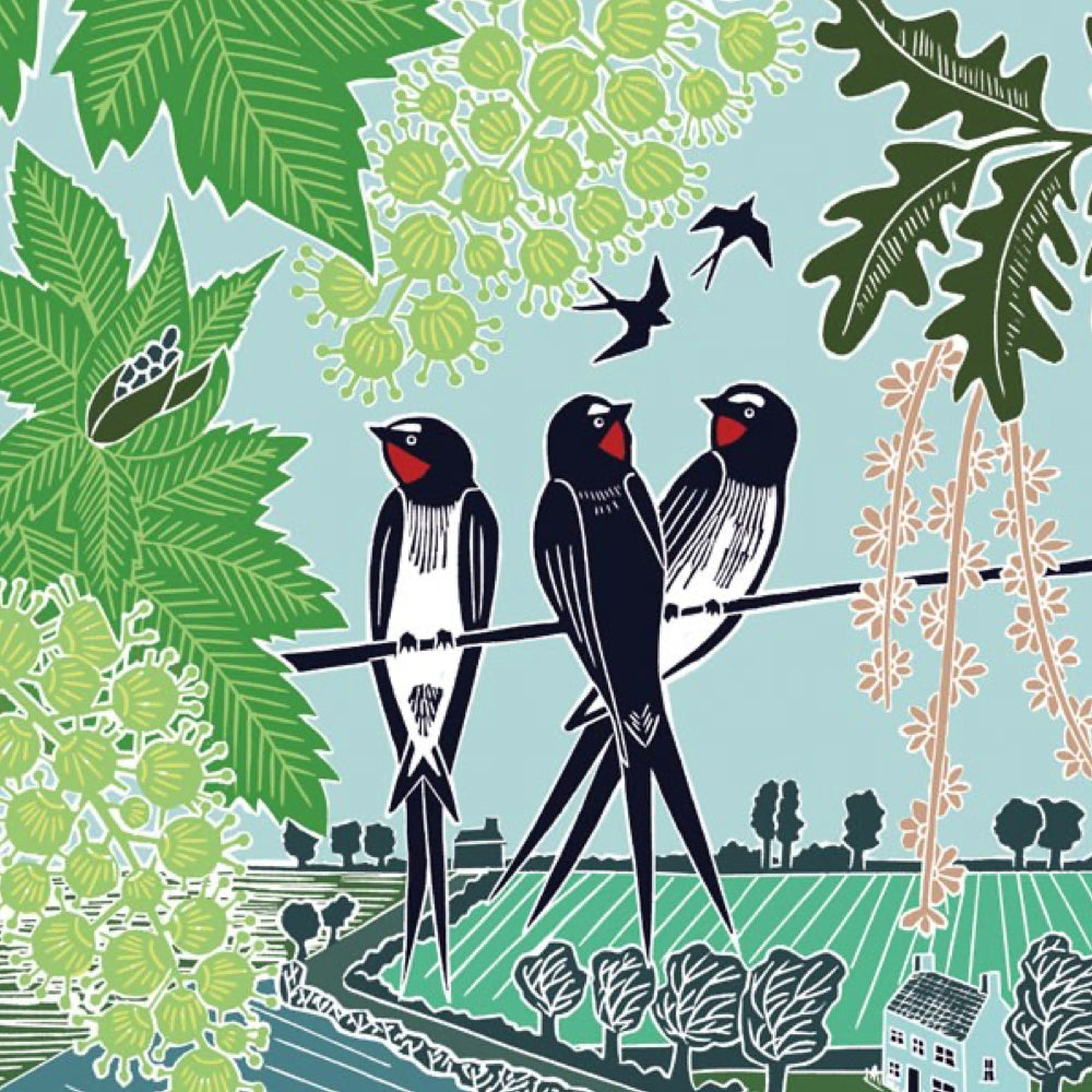 A stylised botanical illustration featuring three black-and-white swallow birds perched on a branch, surrounded by green leaves, flowering vines, a pale blue sky, and a small village scene with a house.