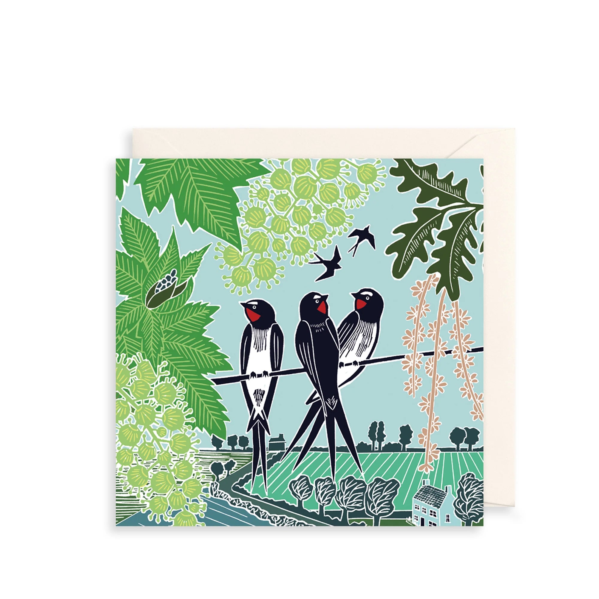 Greeting card with birds on a wire design on a white background