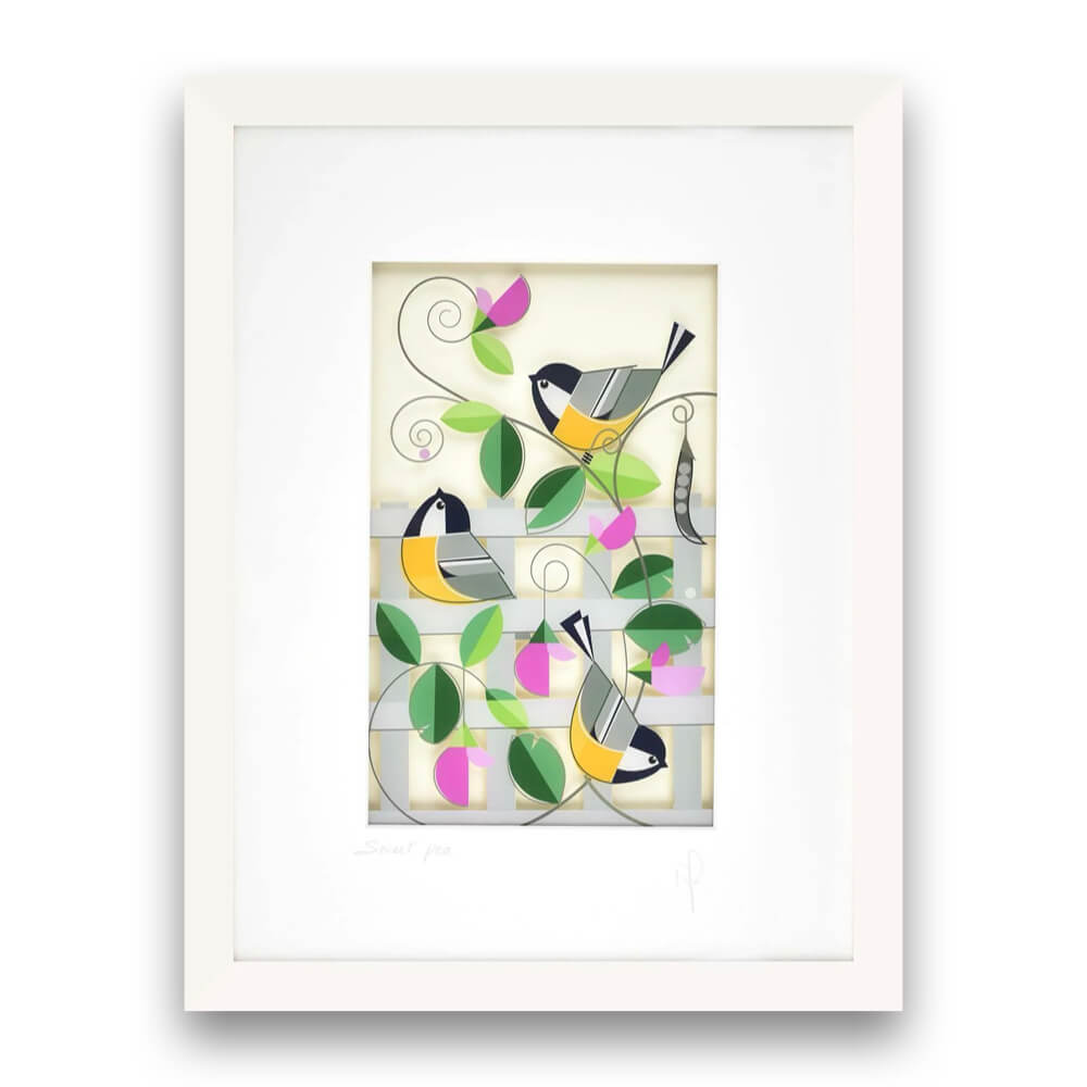 Framed art print featuring a stylized illustration of three birds perched among green leaves and pink flowers, set within a white frame and white mat.