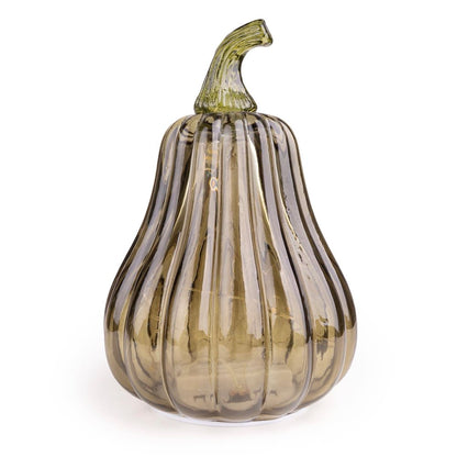 A ribbed glass pumpkin decoration in a smoky olive-brown color, shown on a clean white background.