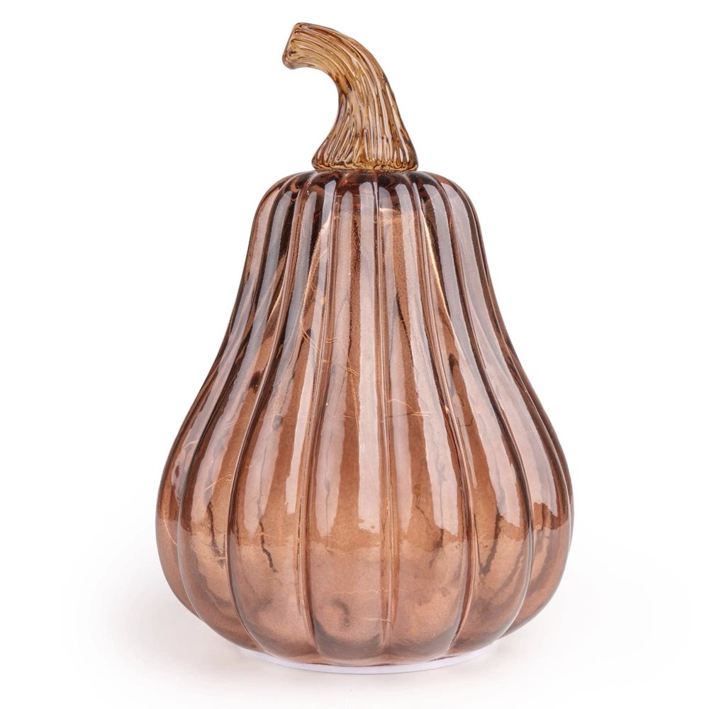 A ribbed glass pumpkin vase in a warm amber-brown color with a matching stem, shown on a plain white background.