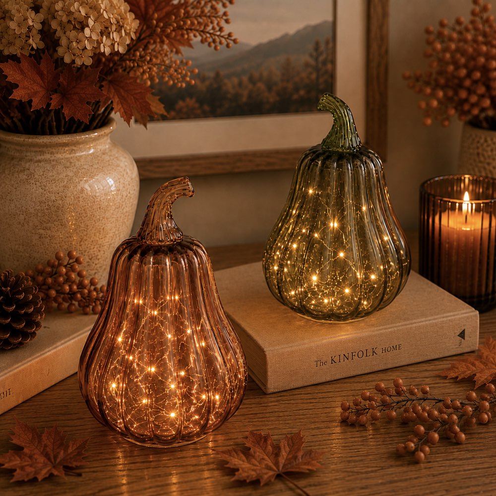 Two ribbed glass decorative pumpkins with warm white fairy lights inside, styled on a wooden table with autumn leaves, a candle, books, and dried floral arrangements in a cozy indoor setting.