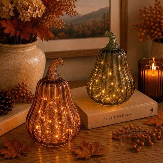 Two ribbed glass decorative pumpkins with warm white fairy lights inside, styled on a wooden table with autumn leaves, a candle, books, and dried floral arrangements in a cozy indoor setting.