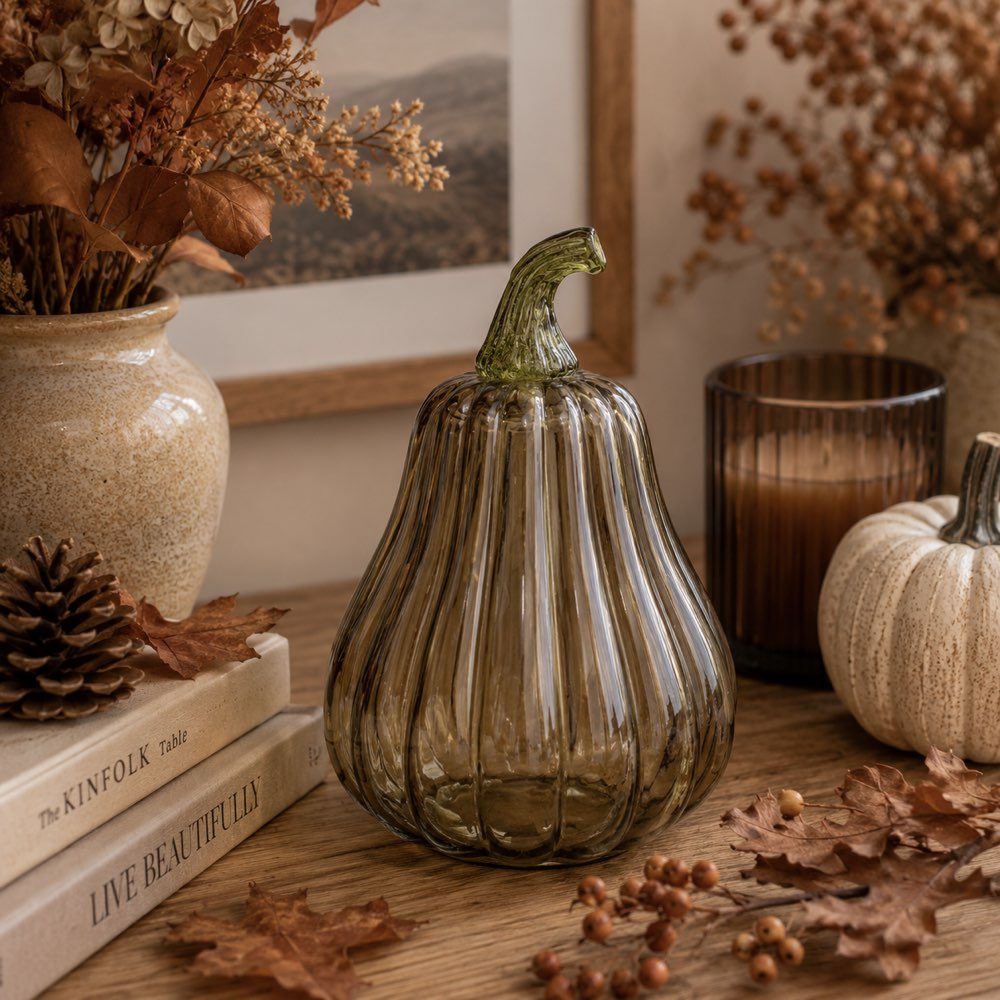A ribbed glass pumpkin vase in smoky olive green sits on a wooden table surrounded by autumn decor, including dried leaves, a small white pumpkin, books, pinecone, and a candle.