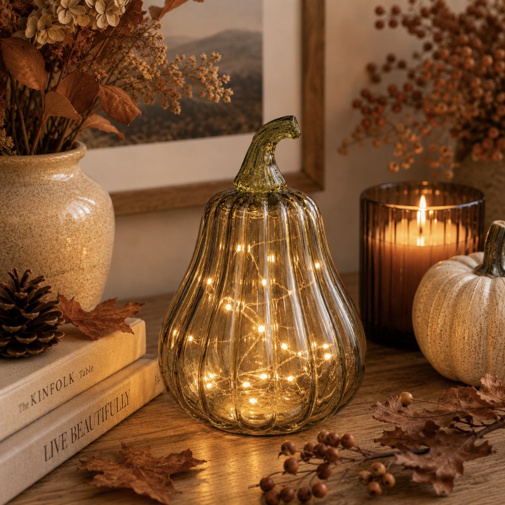 A ribbed glass pumpkin-shaped decorative light with warm white fairy lights inside, styled on a wooden table with autumn decor including a candle, small pumpkin, books, and dried flowers.