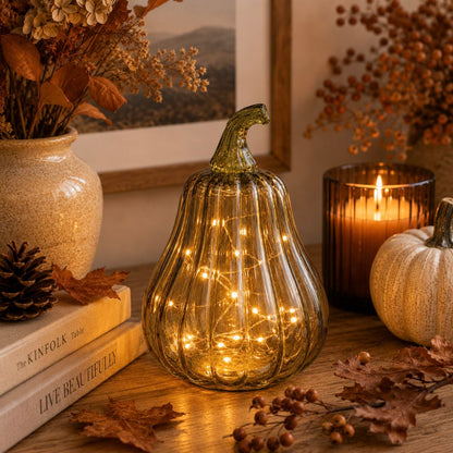 A ribbed glass pumpkin-shaped decorative light with warm white fairy lights inside, styled on a wooden table with autumn decor including a candle, small pumpkin, books, and dried flowers.