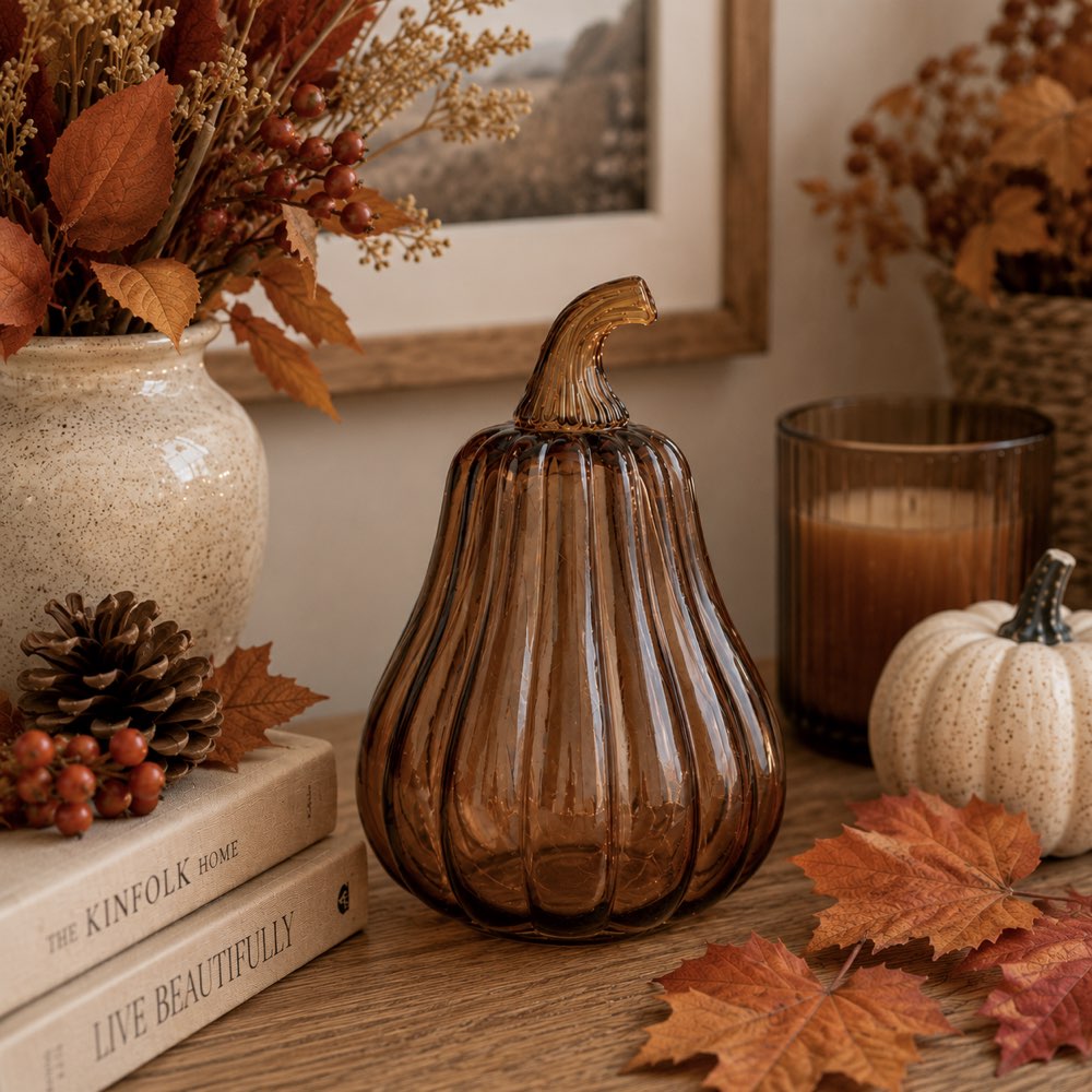 A ribbed amber glass pumpkin vase sits on a wooden table surrounded by autumn decor, including fall leaves, a candle, books, pinecones, and dried flowers.