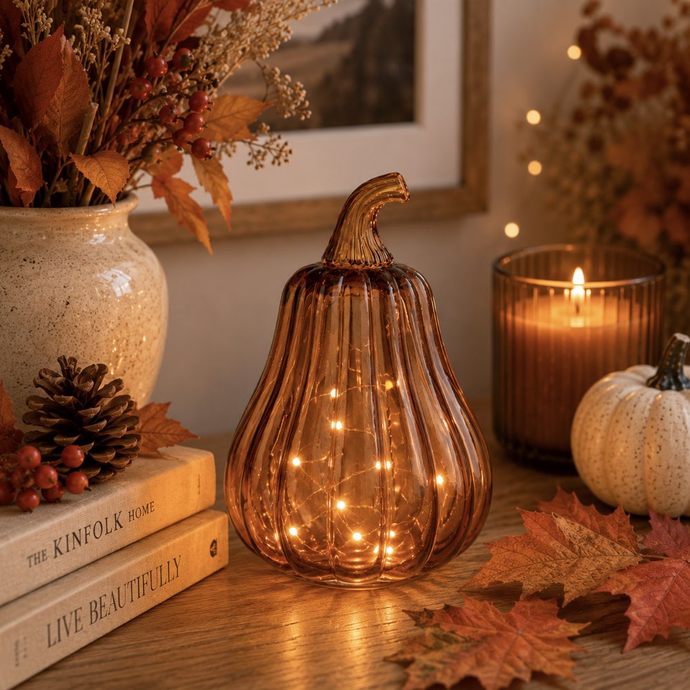 An amber glass pumpkin-shaped table lamp with internal warm fairy lights, styled on a wooden table with autumn decor including books, a candle, a small pumpkin, leaves, and a vase.