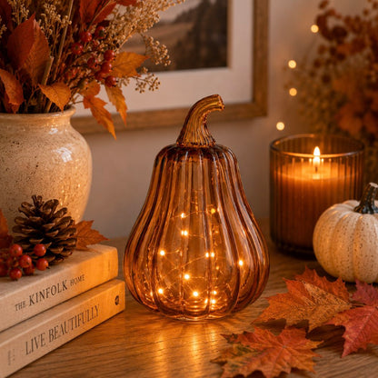 An amber glass pumpkin-shaped table lamp with internal warm fairy lights, styled on a wooden table with autumn decor including books, a candle, a small pumpkin, leaves, and a vase.