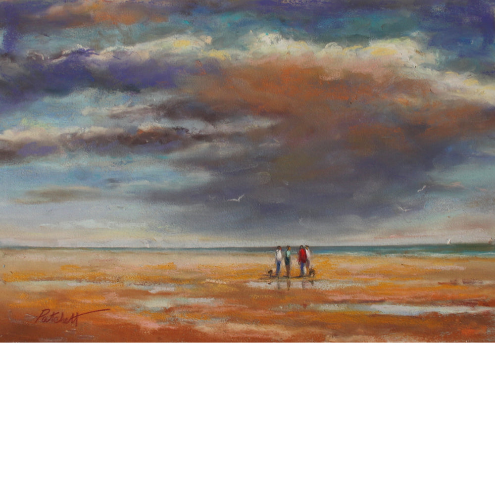 Painting of three people walking on a beach with a dramatic sky.