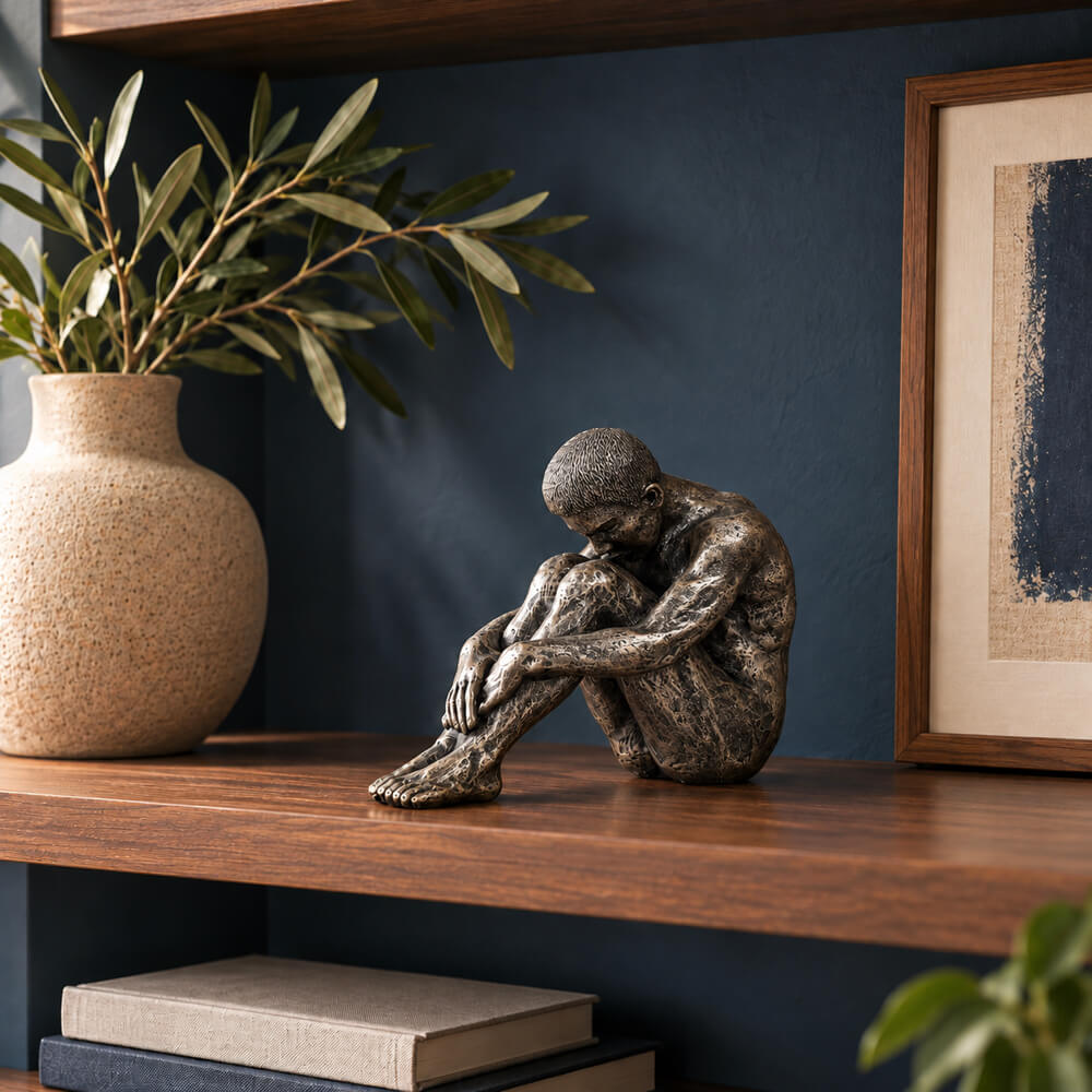 The Contemplating Man Sculpture displayed on a wooden shelf against a deep blue wall in a contemporary home