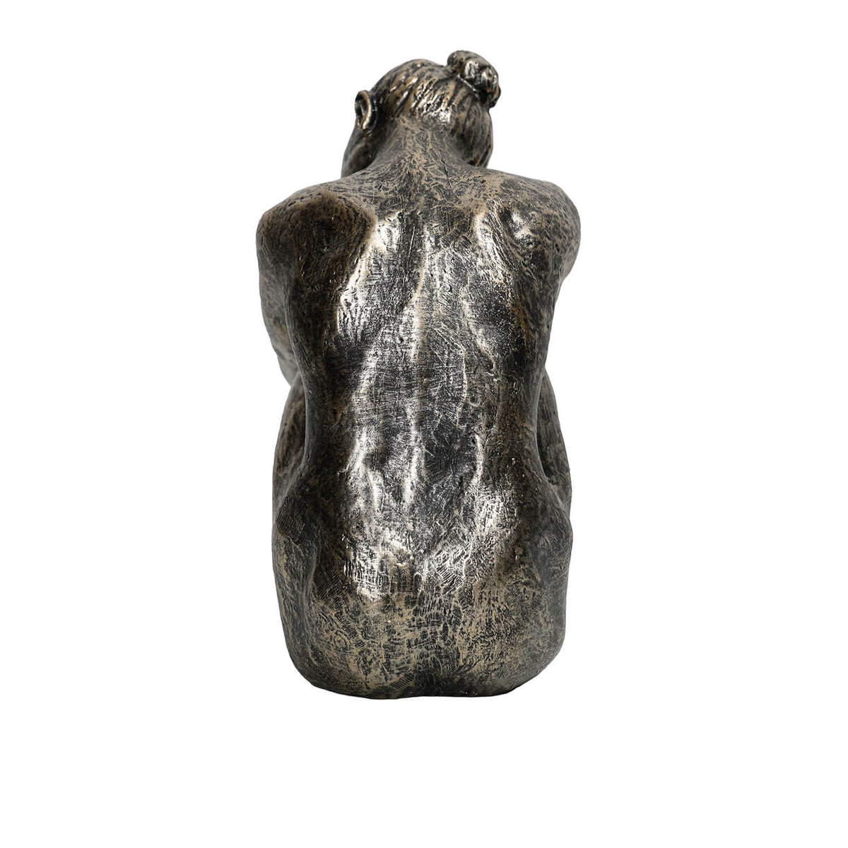 The Contemplating Woman Sculpture, a seated female figure with hair in a bun and a textured dark bronze-effect finish.