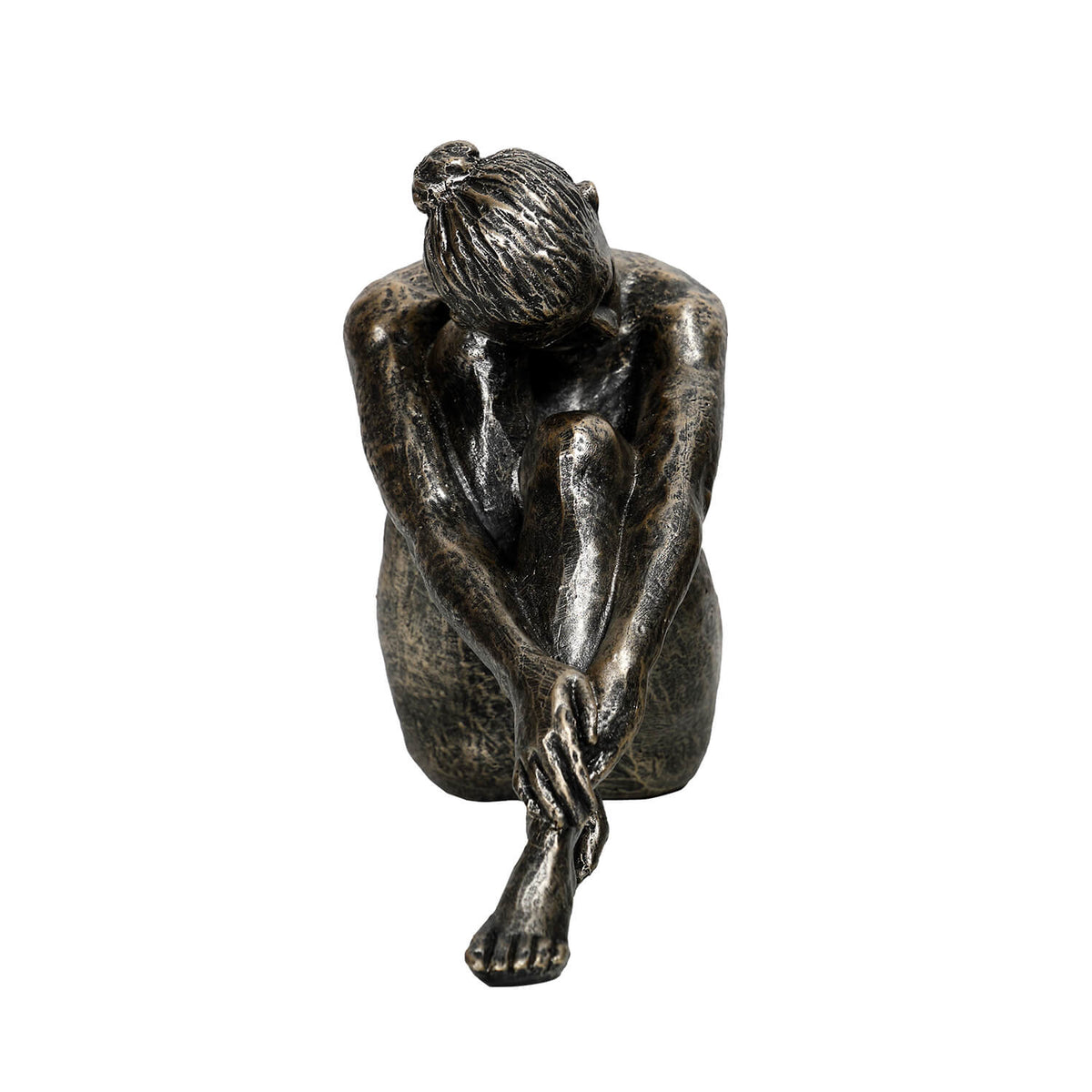 The Contemplating Woman Sculpture, a seated female figure with hair in a bun and a textured dark bronze-effect finish.