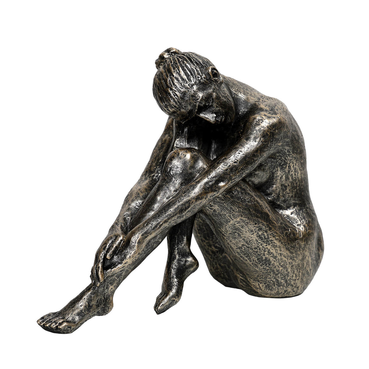 The Contemplating Woman Sculpture, a seated female figure with hair in a bun and a textured dark bronze-effect finish.