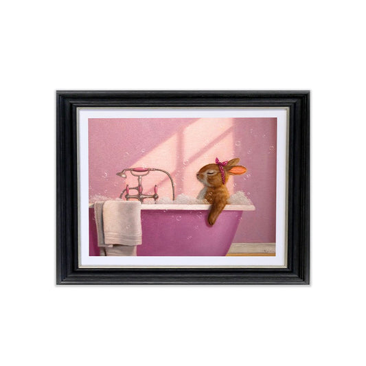 Framed artwork of a rabbit in a bathtub with a pink background
