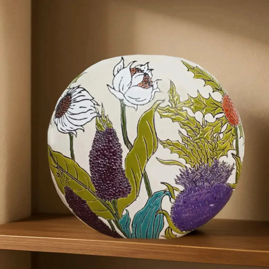 Thistlebud Vase hand-painted stoneware with green, purple, and orange thistle design for shelves or mantels