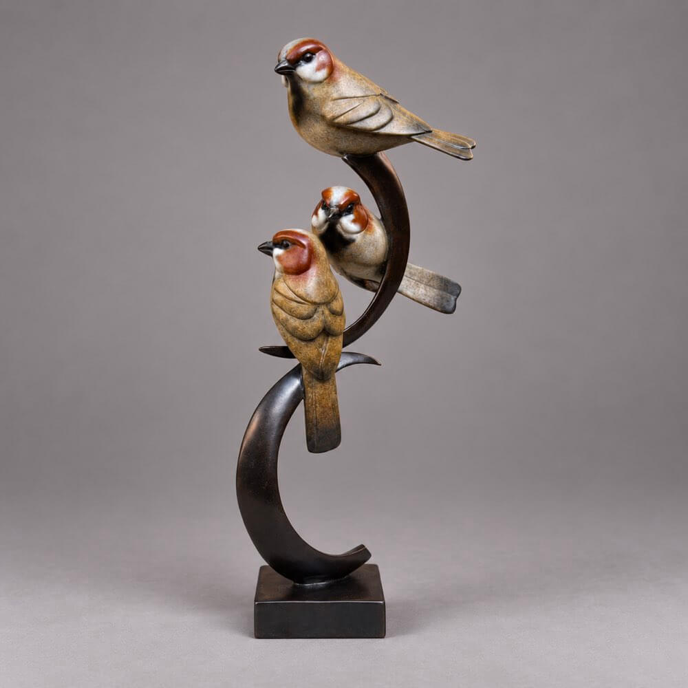 Three Bronze Sparrows perched, limited edition bronze by sculptor David Meredith. 