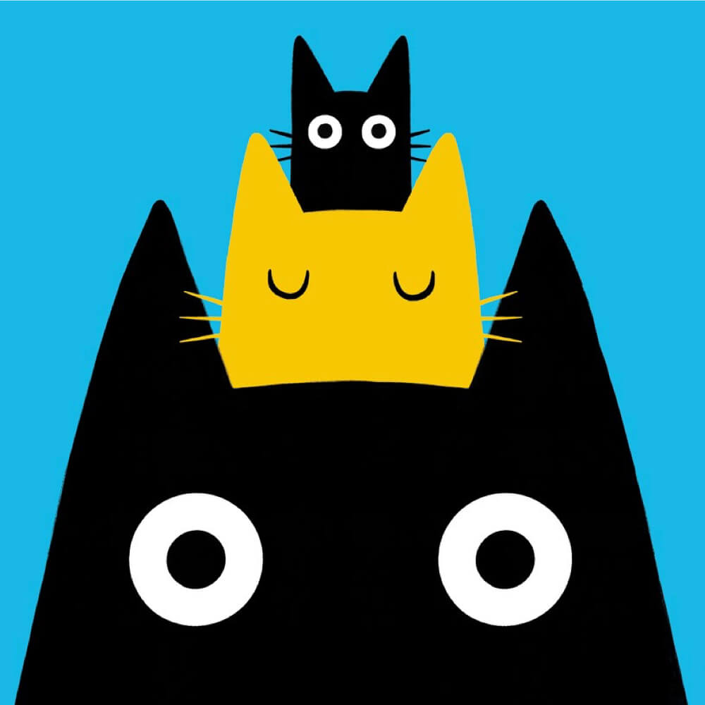 A stylized illustration of three cats stacked on top of each other against a bright blue background. The largest cat is black, with a yellow cat on its head and a smaller black cat on top of the yellow one.