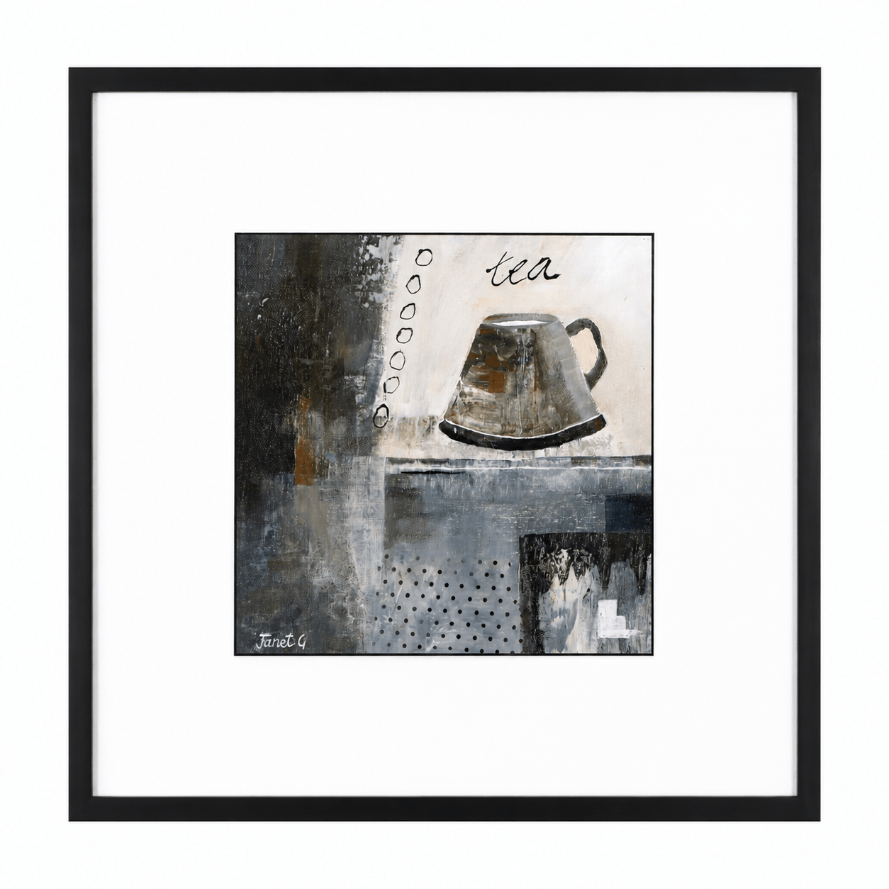 Framed abstract wall art featuring a stylized teapot and the word 'tea' in mixed black, gray, white, and brown tones, presented in a black frame with a white mat.