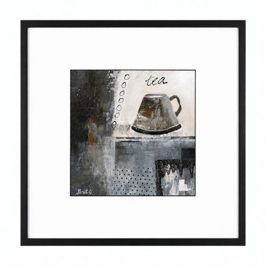 Framed abstract wall art featuring a stylized teapot and the word 'tea' in mixed black, gray, white, and brown tones, presented in a black frame with a white mat.