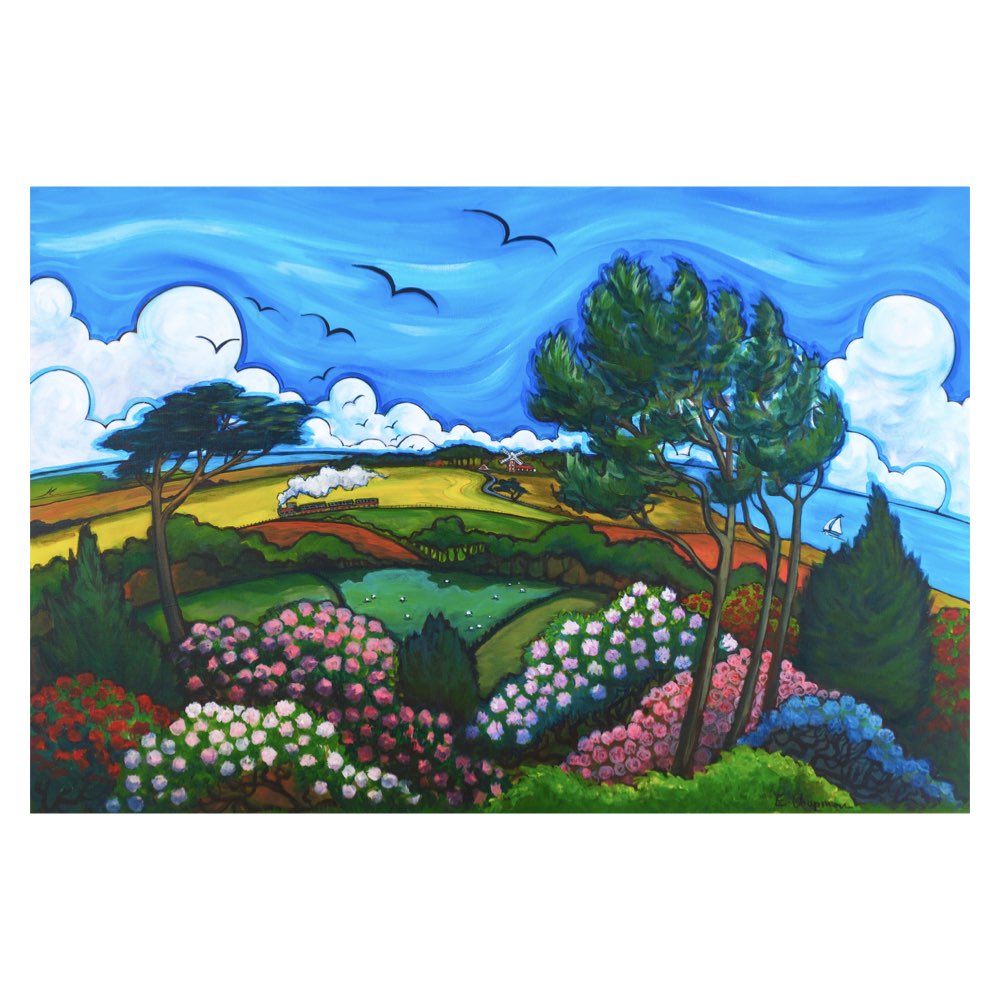 A colorful landscape painting featuring a vibrant blue sky with white clouds, flying birds, green trees, and rolling landscape covered in pink, white, and blue flowers.