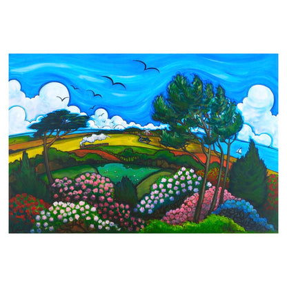 A colorful landscape painting featuring a vibrant blue sky with white clouds, flying birds, green trees, and rolling landscape covered in pink, white, and blue flowers.