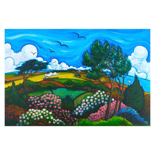 A colorful landscape painting featuring a vibrant blue sky with white clouds, flying birds, green trees, and rolling landscape covered in pink, white, and blue flowers.