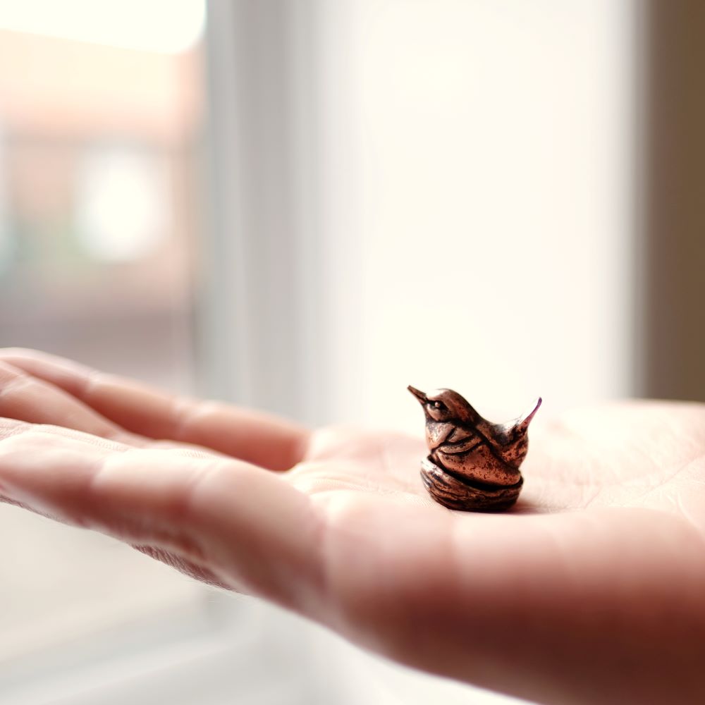 Miniature bronze wren in nest sat in the palm of hand 