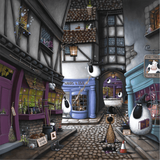 Cartoon-style street scene with shops and characters in a quaint town setting.
