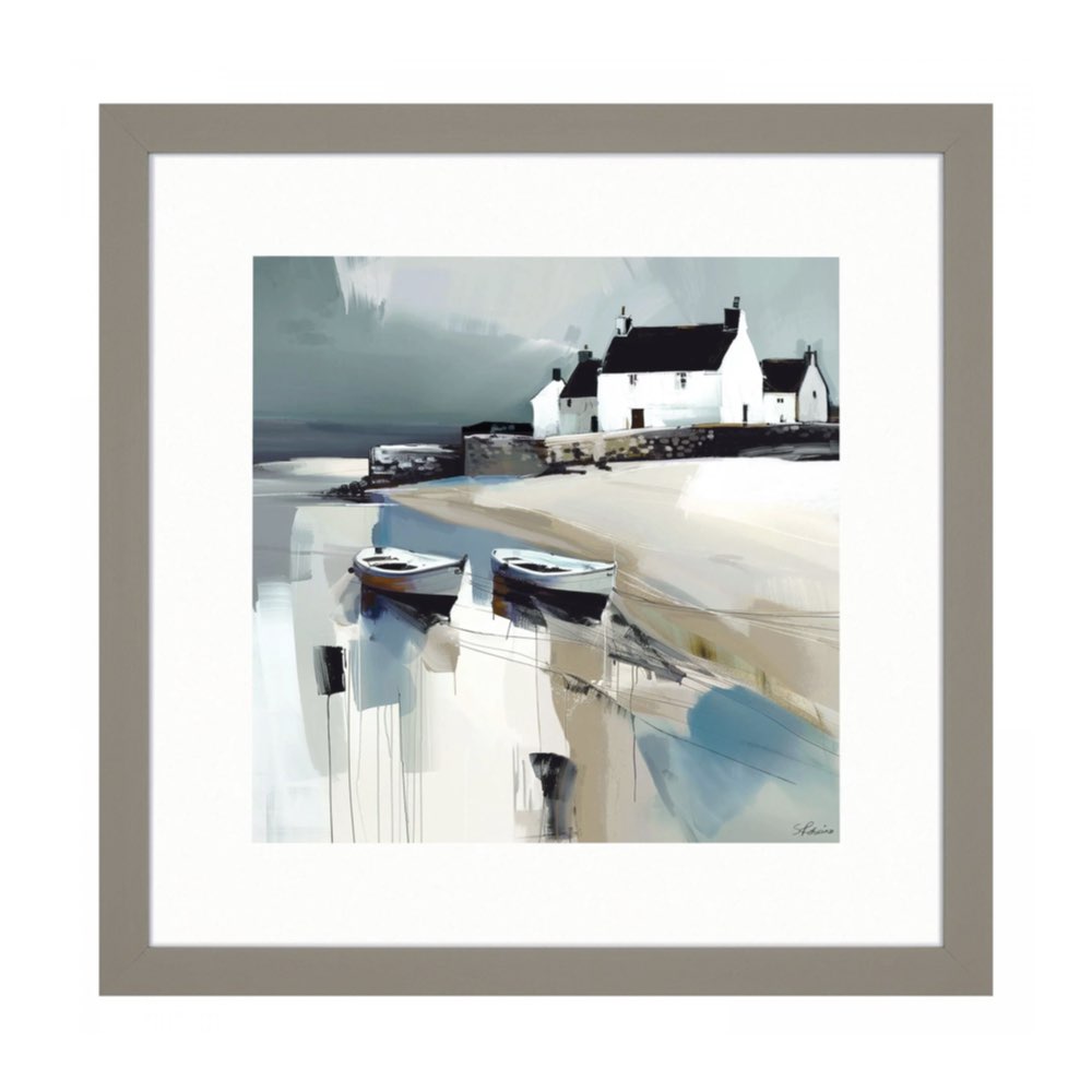 Framed square art print depicting a coastal village scene with white houses, boats, and a pale blue-gray sky, shown with a wide white mat and taupe frame.