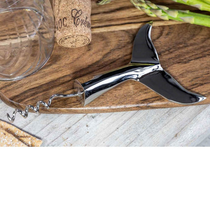 Whale tail corkscrew in bright nickel and brass, stylish functional wine opener for home bars and kitchen barware