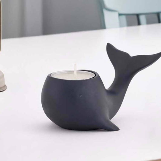 Marbo whale tea light holder in charcoal blue, decorative stone-effect candle holder for shelves, side tables and mantelpieces