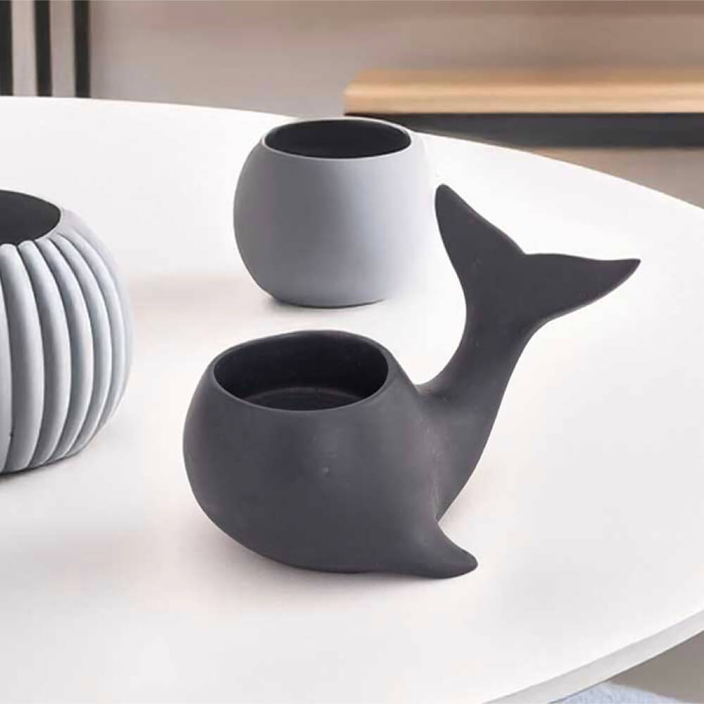 Marbo whale tea light holder in charcoal blue, decorative stone-effect candle holder for shelves, side tables and mantelpieces