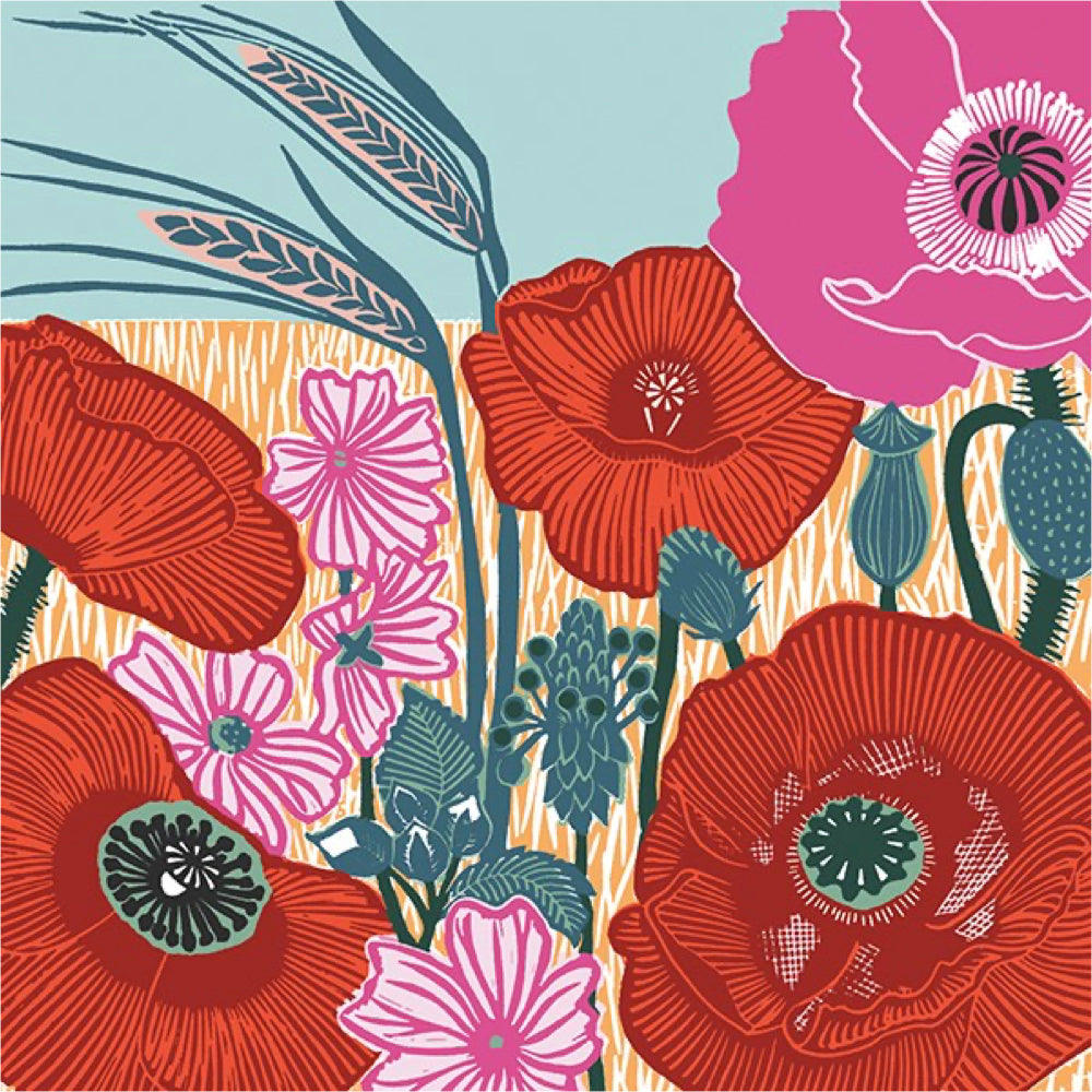 A stylised floral illustration featuring large red poppies, pink flowers, teal leaves, and wheat stems on a light blue and cream background.